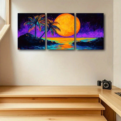 3pcs Vibrant Sunset Palm Trees Modern Metal Print Ready to Hang Art