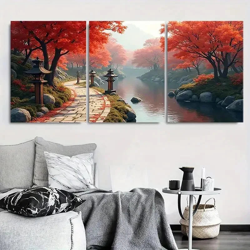 3pcs Vibrant Foliage & Calming River Scene Metal Print Ready to Hang Art