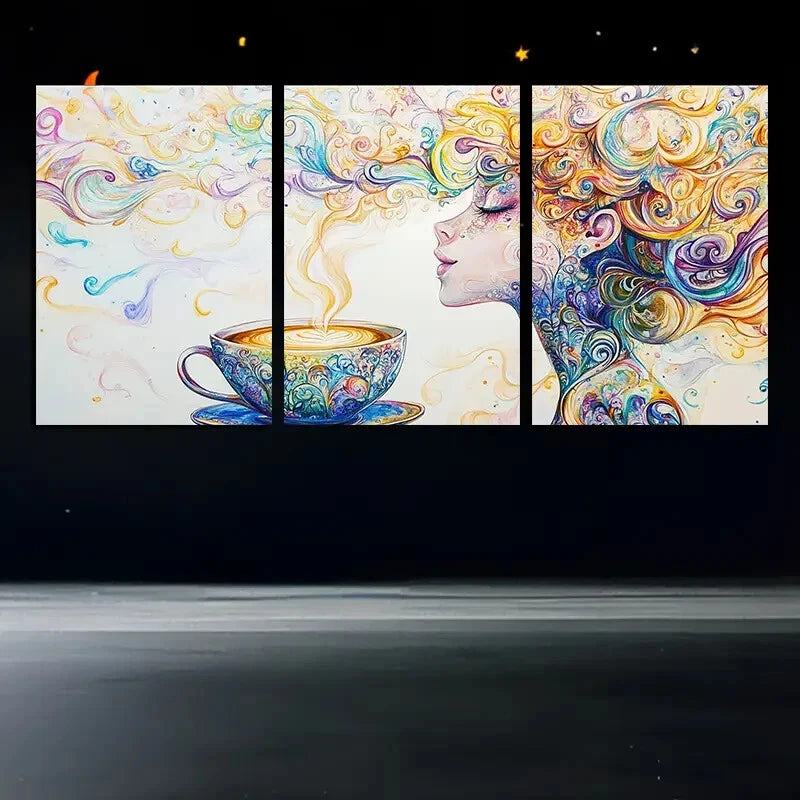 3pcs Vibrant Abstract Coffee Cup and Swirls Metal Print Ready to Hang Art