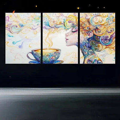 3pcs Vibrant Abstract Coffee Cup and Swirls Metal Print Ready to Hang Art