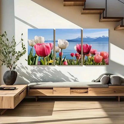 3pcs Spring Tulips By The Lake Mountain View Metal Print Ready to Hang Art