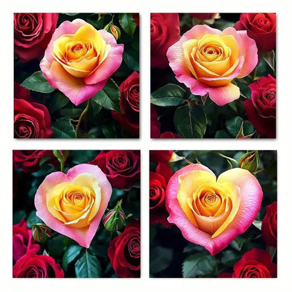 4pcsYellow pink roseWall Art Canvas Framed