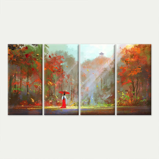 4pcs Autumn Forest Red Umbrella Scenic Wall Art Canvas Framed 45x80cm - High Quality Print 100% Australian Made Wall Canvas Ready to Hang