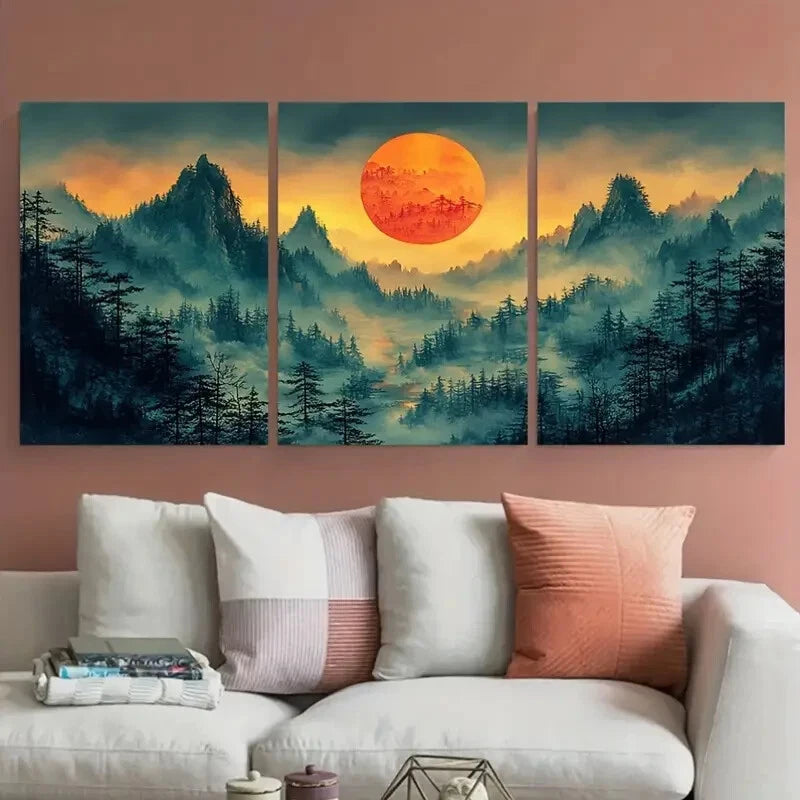 3pcs Misty Sunrise Forest Traditional Design Metal Print Ready to Hang Art