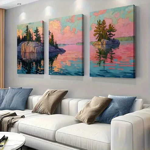 3pcs Serene Lakeside Rocks and Trees Wall Art Canvas Unframed - High Quality Print 100% Australian Made Wall Canvas