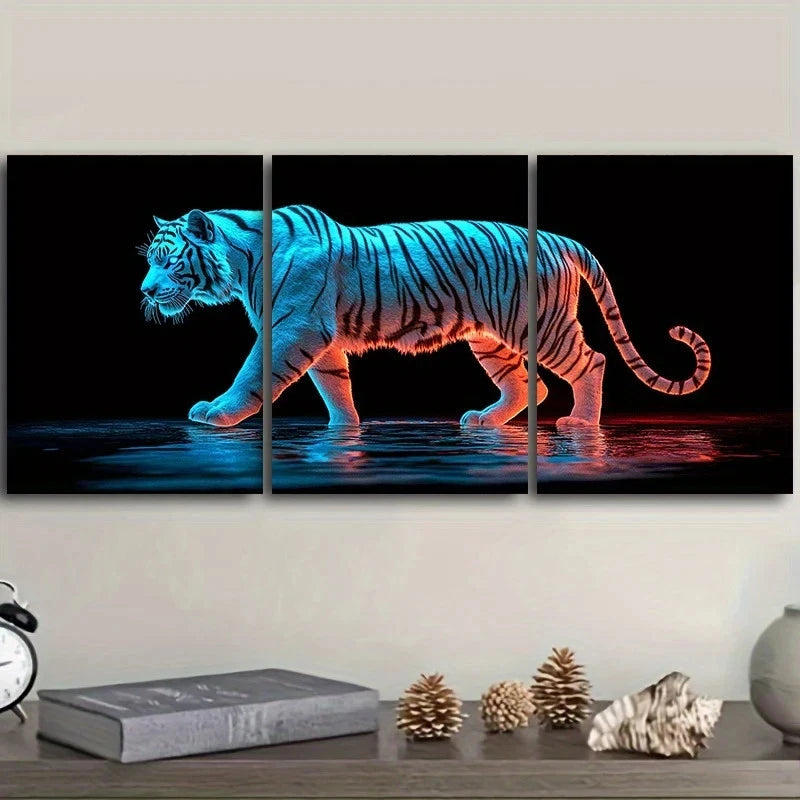 3pcs Stunning White Tiger Vibrant Blue Red Accent Metal Print Ready to Hang Art