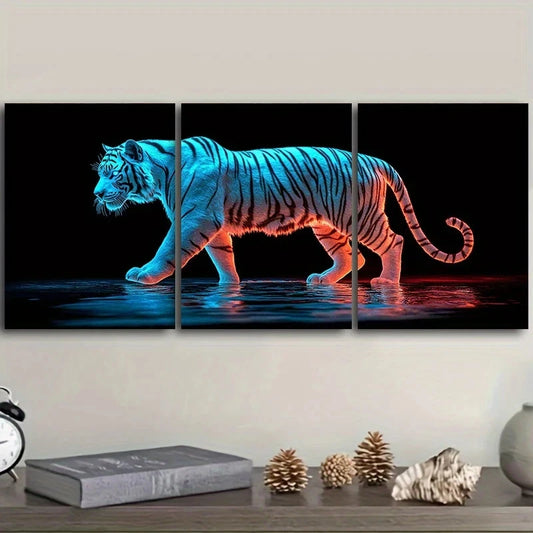 3pcs Stunning White Tiger Vibrant Blue Red Accent Metal Print Ready to Hang Art