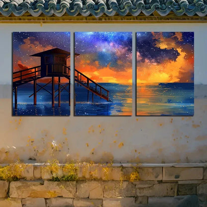 3pcs Beach with Wooden house illustration Metal Print Ready to Hang Art