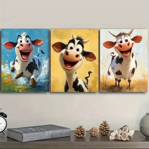 3pcs a cute, happy cow Wall Art Set Canvas Unframed – High Quality Print, 100% Australian Made Wall Canvas