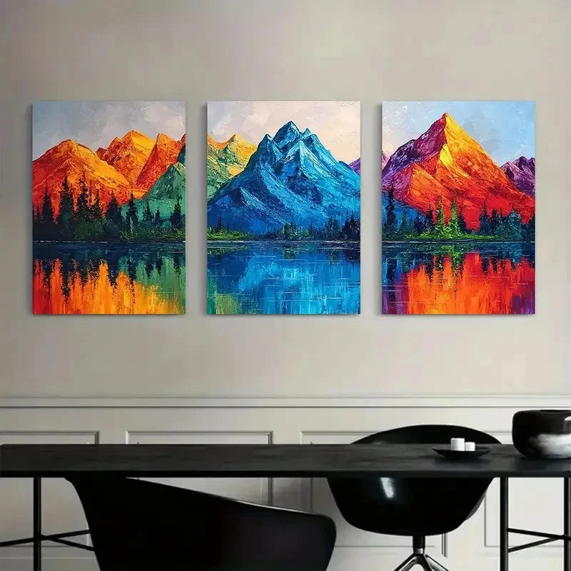 3pcs Colorful Mountain Range with Lake Reflections Metal Print Ready to Hang Art
