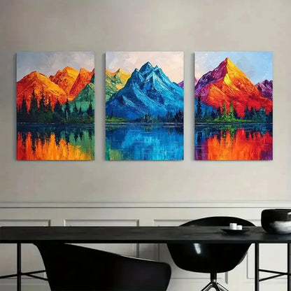 3pcs Colorful Mountain Range with Lake Reflections Metal Print Ready to Hang Art