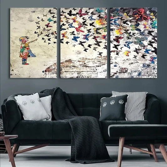 3pcs Colorful Girl Butterfly Swarm Wall Art Metal Print Ready to Hang Art