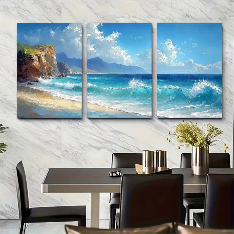 3pcs Caribbean Beach Sea with Bold Cliffs Metal Print Ready to Hang Art
