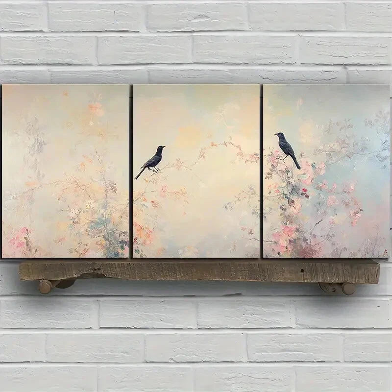 3pcs Black Birds on Blackberry Flowers Metal Print Ready to Hang Art