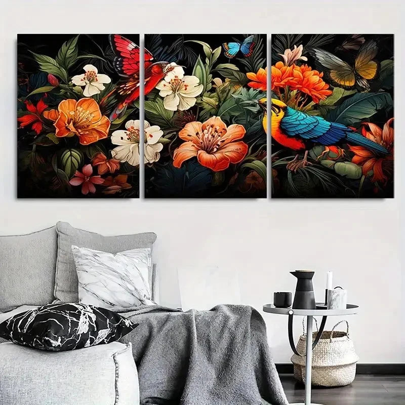 3pcs Tropical Birds and Flowers Nature Metal Print Ready to Hang Art