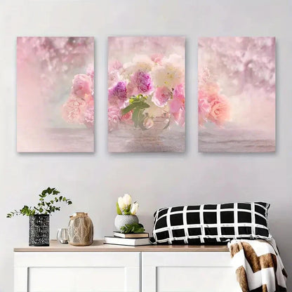 3pcs Floral Bouquet Art, Romantic Peony Flowers Metal Print Ready to Hang Art