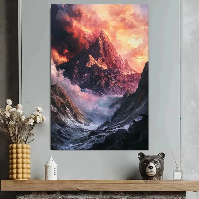 Snowy Mountain Sunset Pine Frame Poster 40x60cm Metal Print Ready to Hang