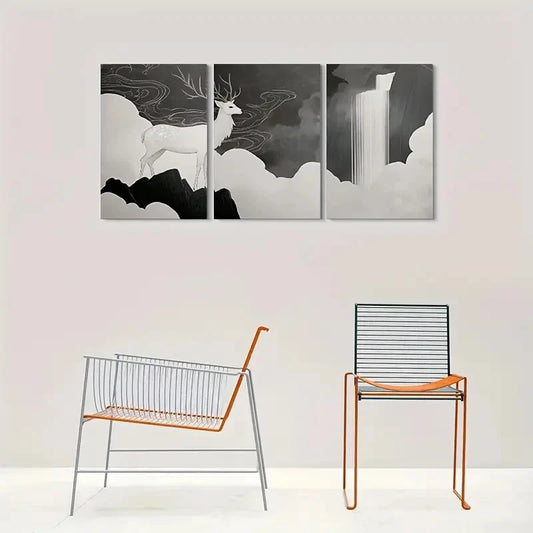 3pcs Deer Clouds and Waterfall Design Metal Print Ready to Hang Art