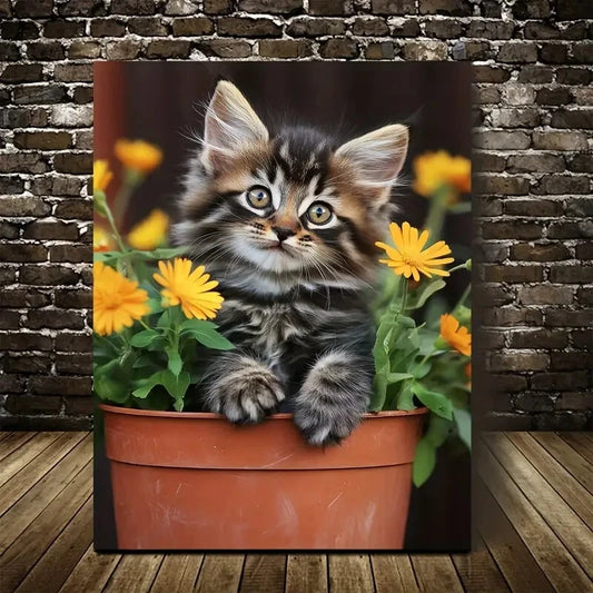 Flowers and Plants Cute Maine Coon Kitten Painting 40x60cm Metal Print Ready to Hang