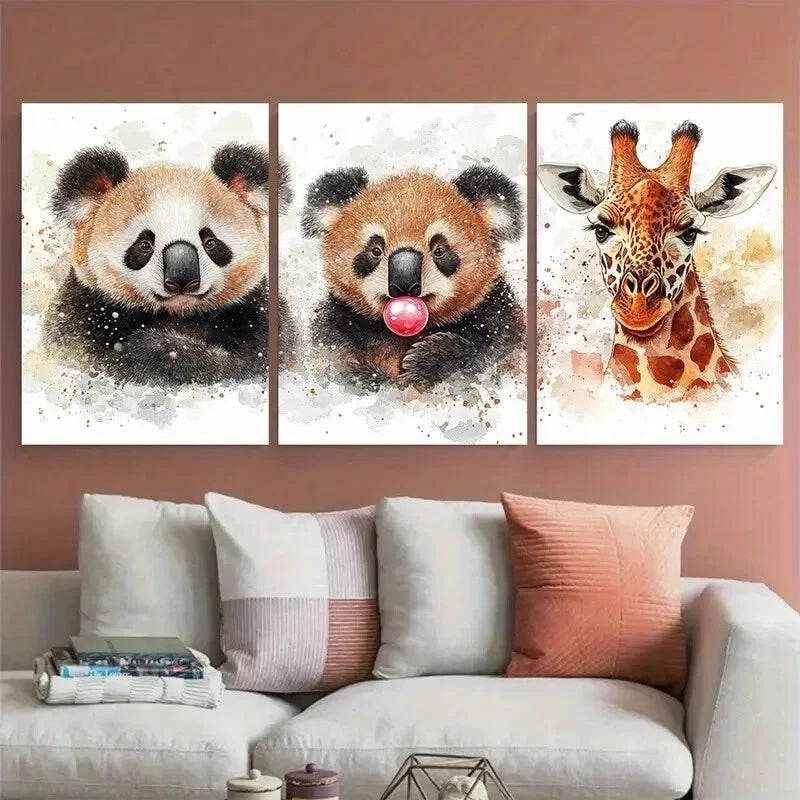 3pcs Panda, Koala, Giraffe Bubble Gum Wildlife Metal Print Ready to Hang Art