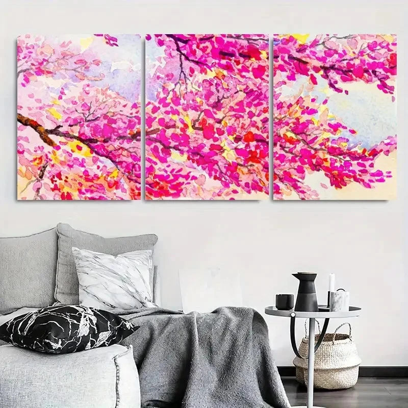 3pcs Vibrant Pink Cherry Blossom Watercolor Wall Art Set Canvas Framed