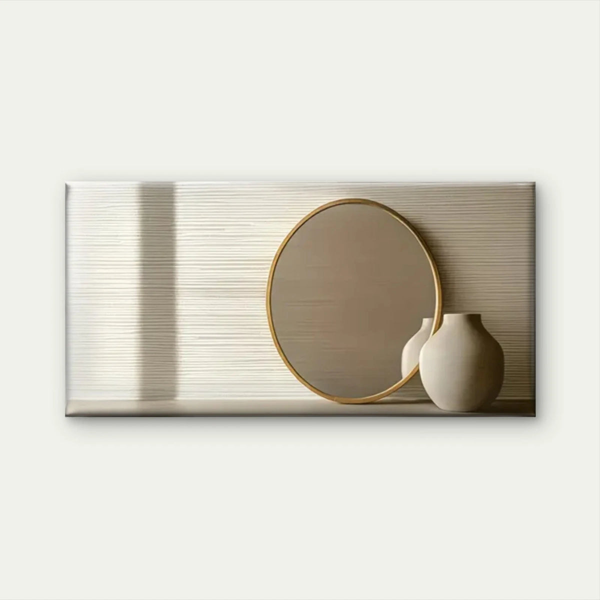 Golden Frame Round Mirror White Wall Art Canvas Office Home Room Framed 120x60cm