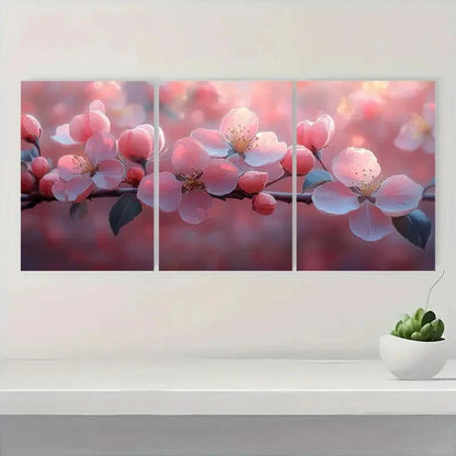 3pcs Pink &White Flower Branches on Red Background Metal Print Ready to Hang Art