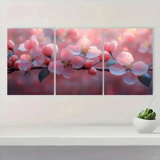 3pcs Pink &White Flower Branches on Red Background Metal Print Ready to Hang Art