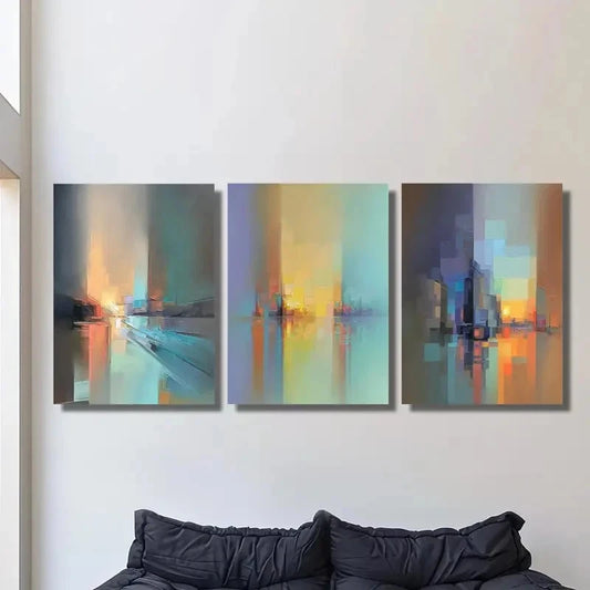 3pcs Abstract Cityscape with Geometric Patterns Metal Print Ready to Hang Art
