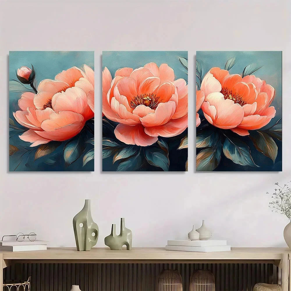 3pcs Vibrant Pink Peach Flowers Metal Print Ready to Hang Art