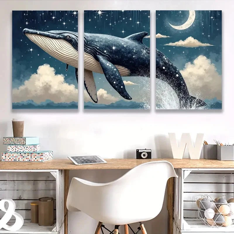 3pcs Majestic Whale Head with Starry Night Sky Wall Art Set Canvas Framed 60x90cm - High Quality Print 100% Australian Made Wall Canvas Ready to Hang
