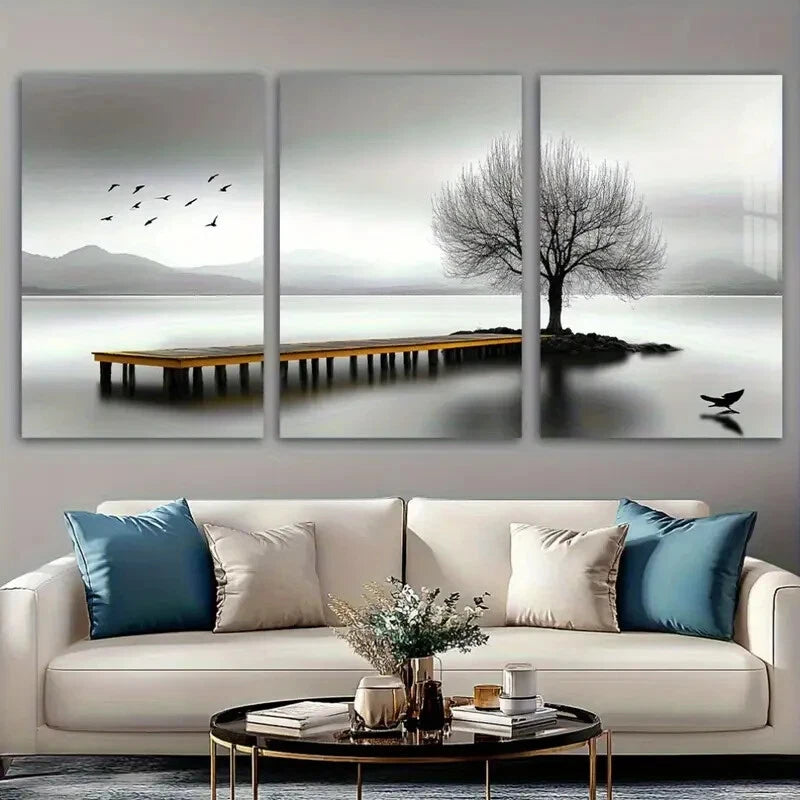 3pcs Seaside Birds and Trees Black & White Metal Print Ready to Hang Art