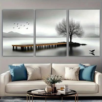 3pcs Seaside Birds and Trees Black & White Metal Print Ready to Hang Art