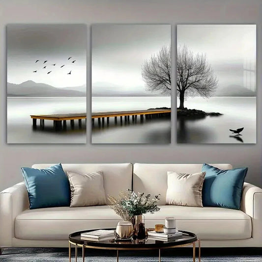 3pcs Seaside Birds and Trees Black & White Metal Print Ready to Hang Art