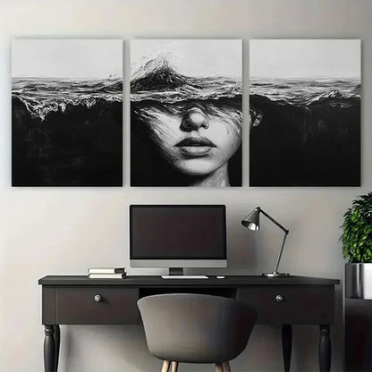 3pcs Abstract Lady Face Black And White Ocean Wall Art Canvas Unframed - High Quality Print 100% Australian Made Wall Canvas