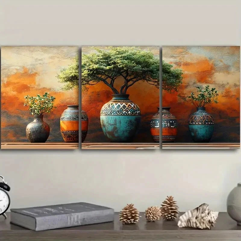 3pcs African Vases for Home Painting Metal Print Ready to Hang Art