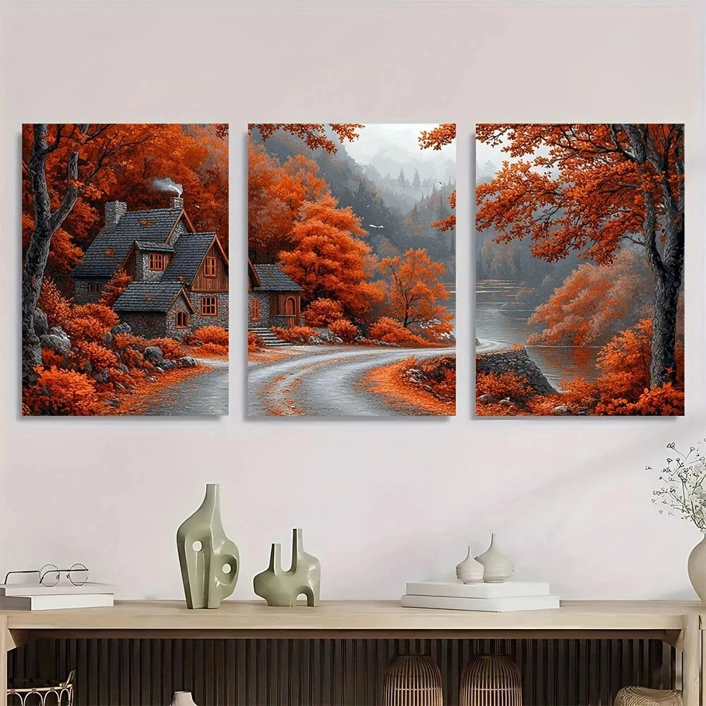 3pcs Autumn Scene with Houses Trees & Road Metal Print Ready to Hang Art