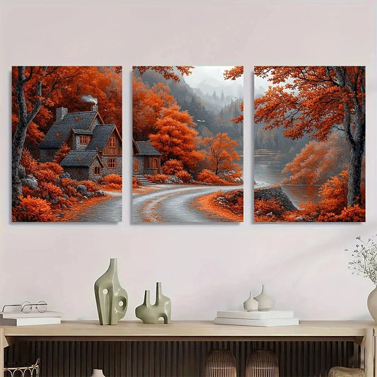 3pcs Autumn Scene with Houses Trees & Road Metal Print Ready to Hang Art