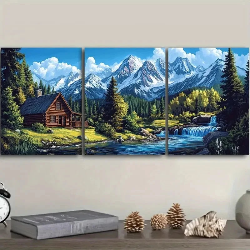 3pcs Pretty Little Cabin by the Stream Metal Print Ready to Hang Art