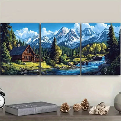 3pcs Pretty Little Cabin by the Stream Metal Print Ready to Hang Art