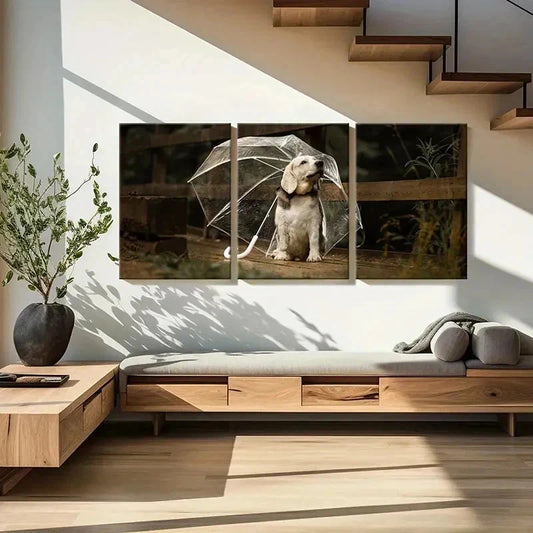3pcs Puppy Dog Pet Under an Umbrella Wall Art Set Canvas Framed 40x60cm - High Quality Print 100% Australian Made Wall Canvas Ready to Hang