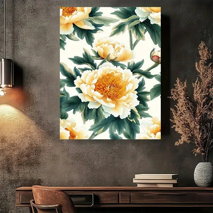 Beautiful Golden Peony Floral Painting 40x60cm Metal Print Ready to Hang