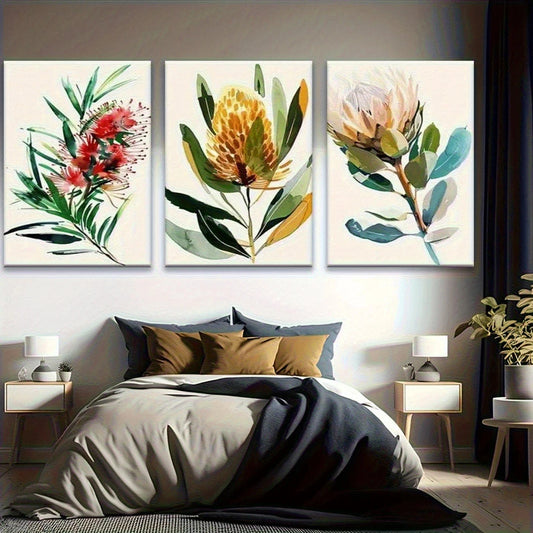 3pcs Abstract Greenery and Exotic Flowers Metal Print Ready to Hang Art