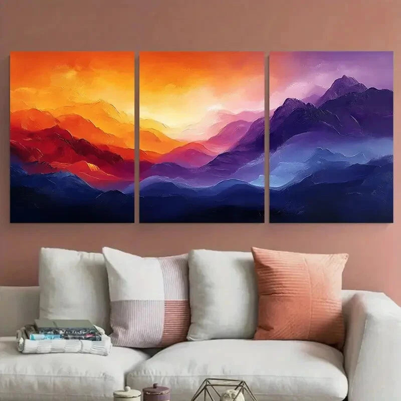 3pcs Abstract Fiery Purples and Oranges Design Metal Print Ready to Hang Art