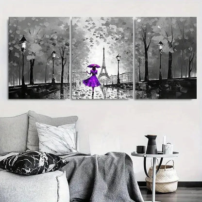3pcs Paris Rainy Night Eiffel Tower Purple Metal Print Ready to Hang Art