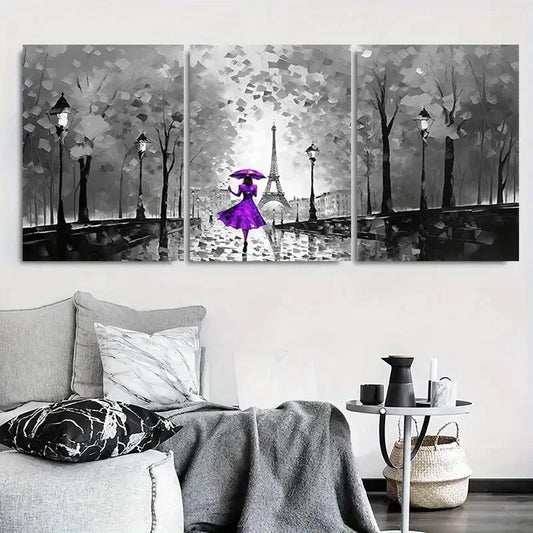 3pcs Paris Rainy Night Eiffel Tower Purple Metal Print Ready to Hang Art
