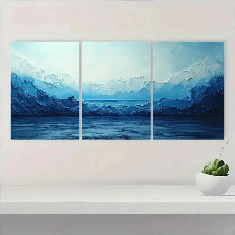 3pcs Abstract Blue & White Minimalist Metal Print Ready to Hang Art