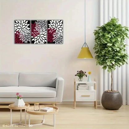 3pcs Farmhouse Blooming Burgundy & White Flowers Metal Print Ready to Hang Art