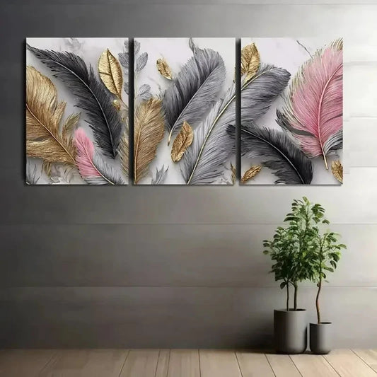 3pcs Feathers And Leaves in Black And Gray Metal Print Ready to Hang Art