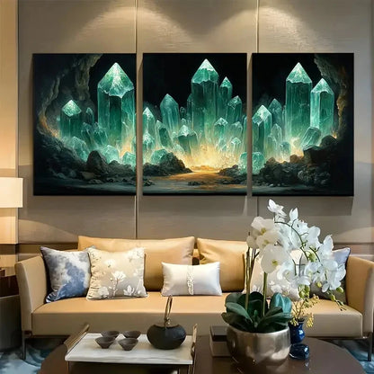 3pcs Mystical Underground Giant Glowing Crystals Metal Print Ready to Hang Art